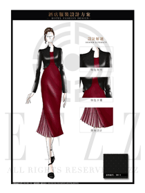 時尚酒紅色星級酒店女款西餐咨客制服設(shè)計圖548