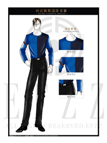 藍色長袖男款餐飲西餐服務(wù)員制服設(shè)計圖1239