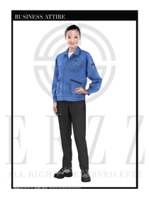 天藍色女款長袖車間工作服裝制服設計圖1104