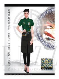 新款墨綠色短袖女款高檔中餐廳廚師服款式設計圖446