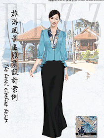 時尚淺藍色長裙款中餐廳迎賓員制服設(shè)計圖882