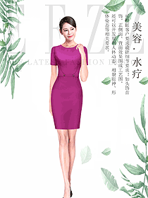 新款紫紅色連衣裙款總臺收銀接待制服設計圖416