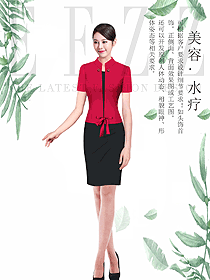 時尚紅色套裙款水療spa會所總臺收銀接待制服設計圖421