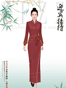 紅色長款酒店中餐廳女迎賓咨客制服設(shè)計圖