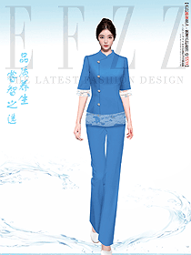 美容院技師女夏季藍(lán)色制服量身定做方案