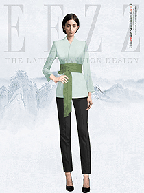 酒店中餐女服務(wù)員綠色長(zhǎng)腰帶制服定制設(shè)計(jì)圖