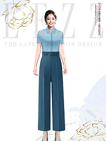 藍色條紋翻領工作服職業短袖襯衫女新款正裝