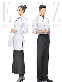 特色川味火鍋店男女服務(wù)員素色制服手繪方案
