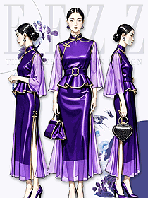長款演出服舞臺表演紫色中國風旗袍手繪設計圖