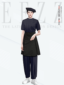 酒店服務員廚房面點廚師工服全身黑色款設計圖