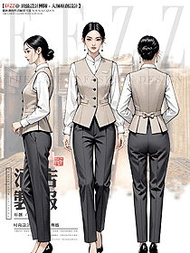 酒店中餐女服務(wù)員米色馬夾立領(lǐng)長袖制服設(shè)計圖