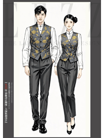 酒店中餐廳男女服務(wù)員深灰色馬夾款制服長袖手繪設(shè)計圖